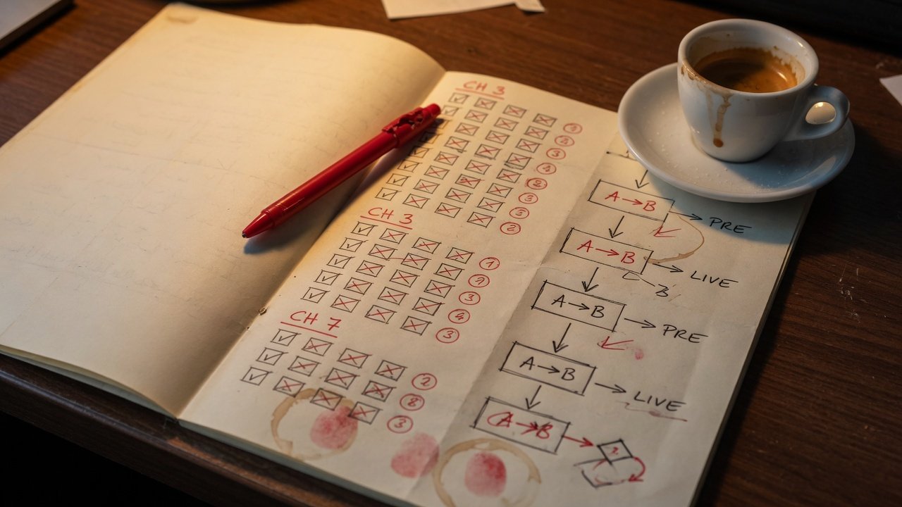 Open playbook with checklists, a red pen, and an espresso cup