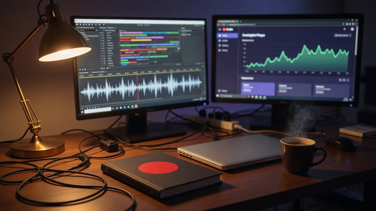 Night desk with editing timeline, analytics monitor, and the playbook